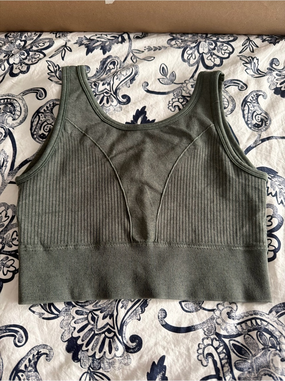 Ribbed Scoop Neck Crop Tank Top - Olive Green